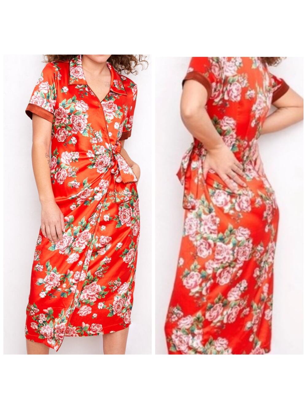 Hot As Hell Wrap Satin Shirtdress Red Floral